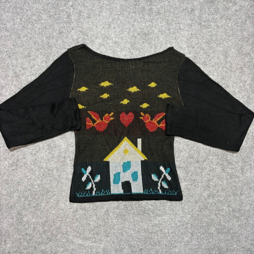Vintage Folk Art Cottagecore Knit Top Long Sleeve House Birds Black Small